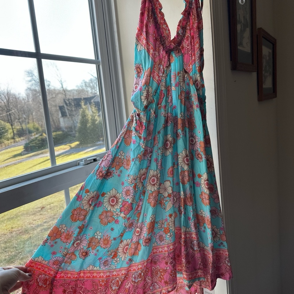 Cupshe Floral Backless Dress - Turquoise and Pink